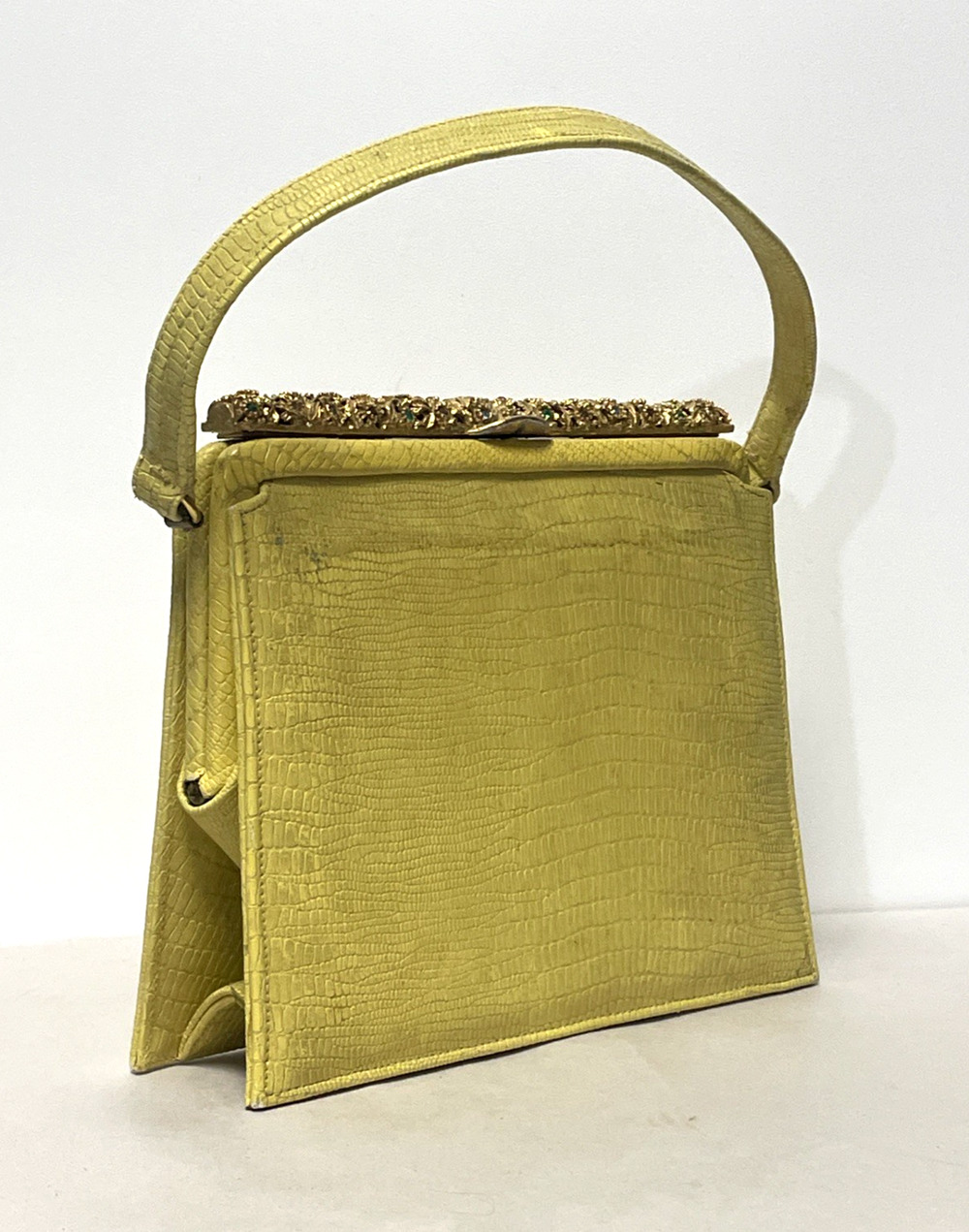 Vintage Meyers Yellow Faux Reptile Handbag Rhinestone Clasp Top Handle Purse